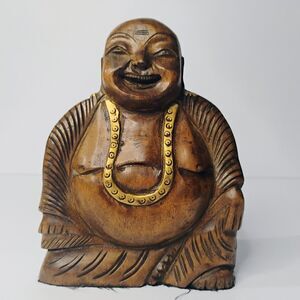 Vtg Chinese Carved Wood Laughing Buddha Happy Figurine Brown Felt Bottom